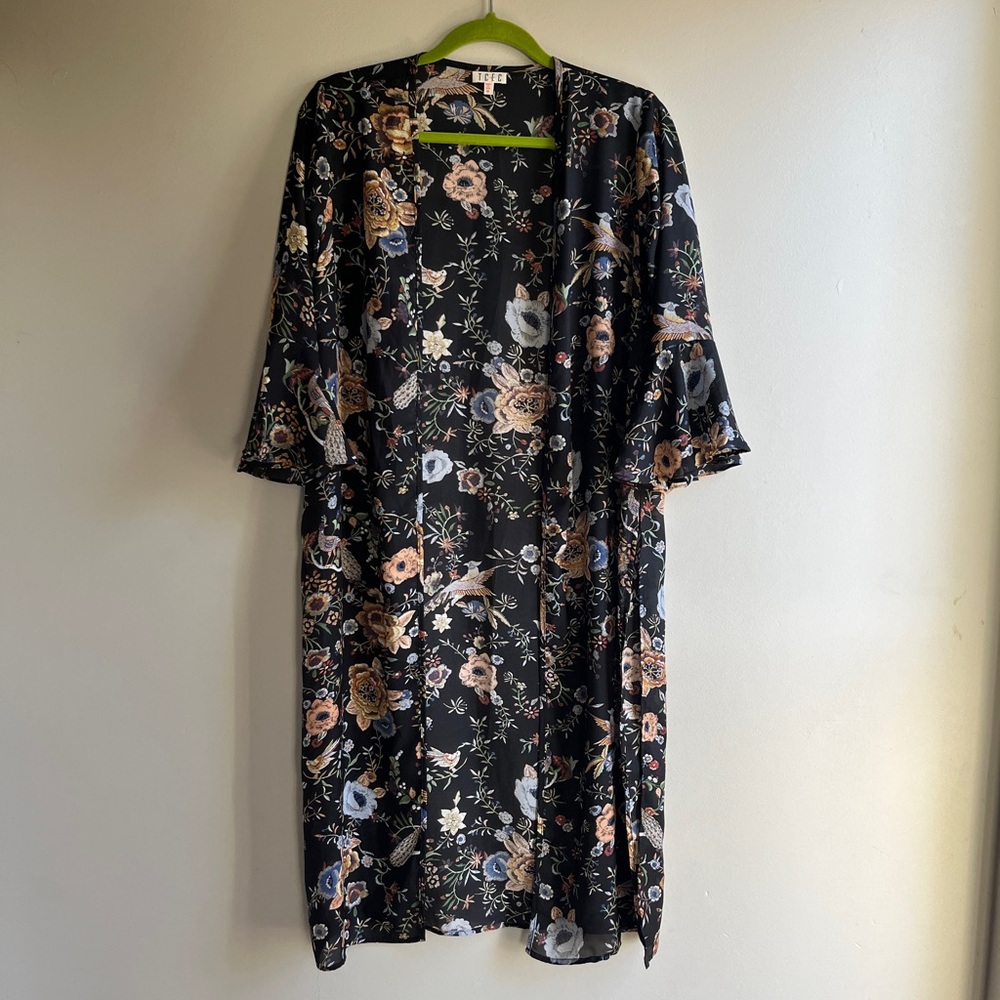 Black Sheer Duster with Bird and Floral Pattern